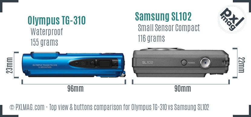 Olympus TG-310 vs Samsung SL102 top view buttons comparison