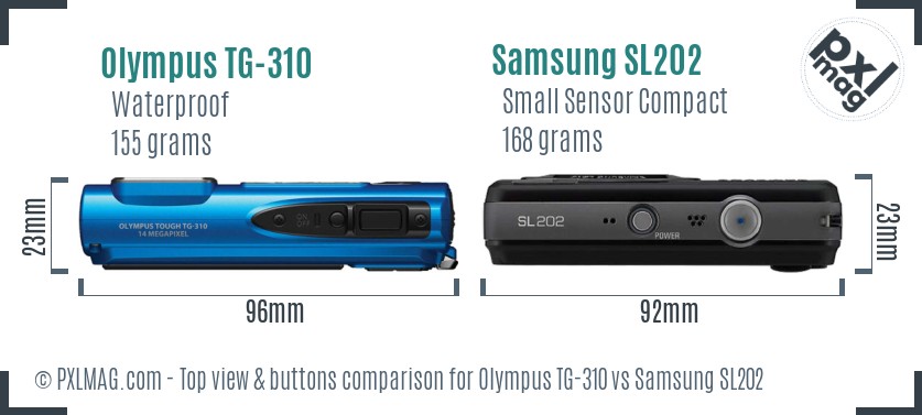 Olympus TG-310 vs Samsung SL202 top view buttons comparison