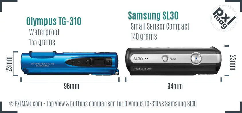 Olympus TG-310 vs Samsung SL30 top view buttons comparison Olympus TG-310 vs Samsung SL30 top view buttons comparison