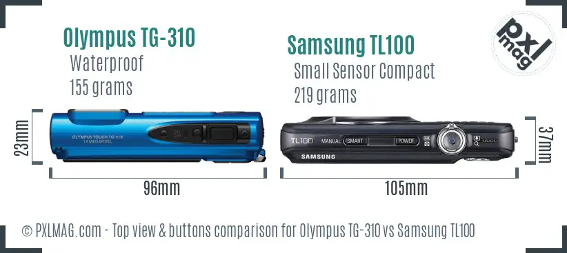 Olympus TG-310 vs Samsung TL100 top view buttons comparison