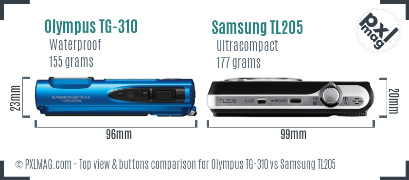 Olympus TG-310 vs Samsung TL205 top view buttons comparison