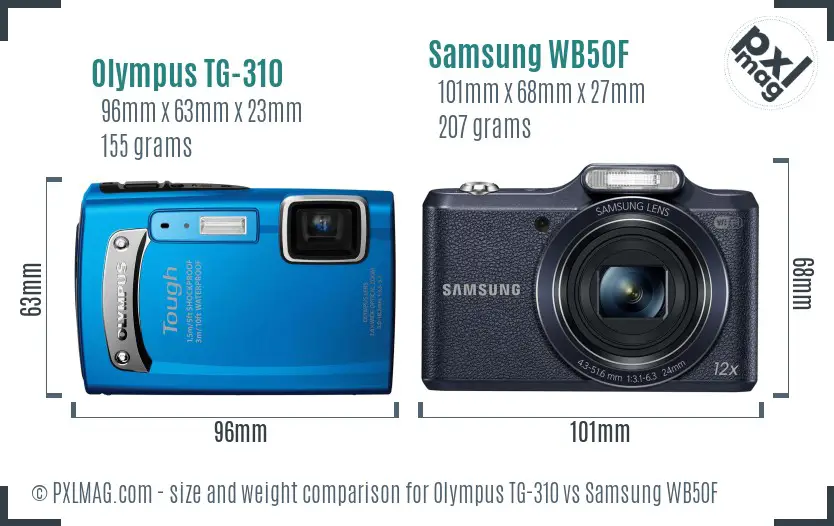 Olympus TG-310 vs Samsung WB50F size comparison