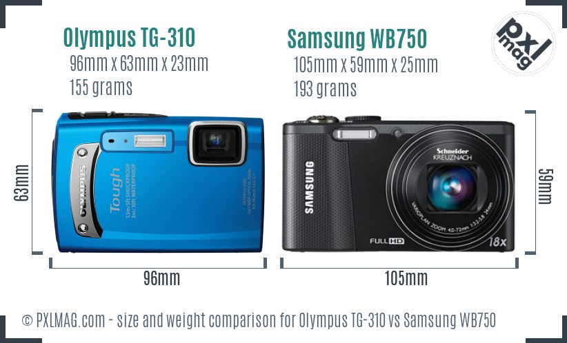 Olympus TG-310 vs Samsung WB750 size comparison