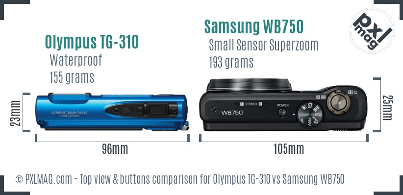 Olympus TG-310 vs Samsung WB750 top view buttons comparison
