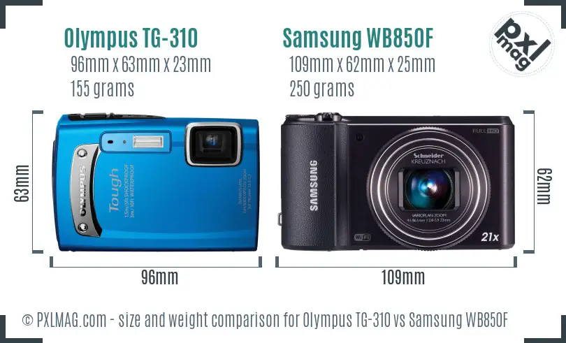 Olympus TG-310 vs Samsung WB850F size comparison