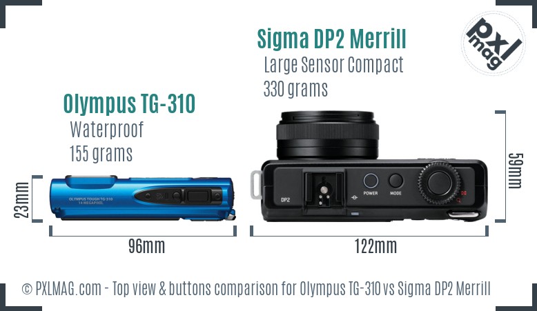 Olympus TG-310 vs Sigma DP2 Merrill top view buttons comparison