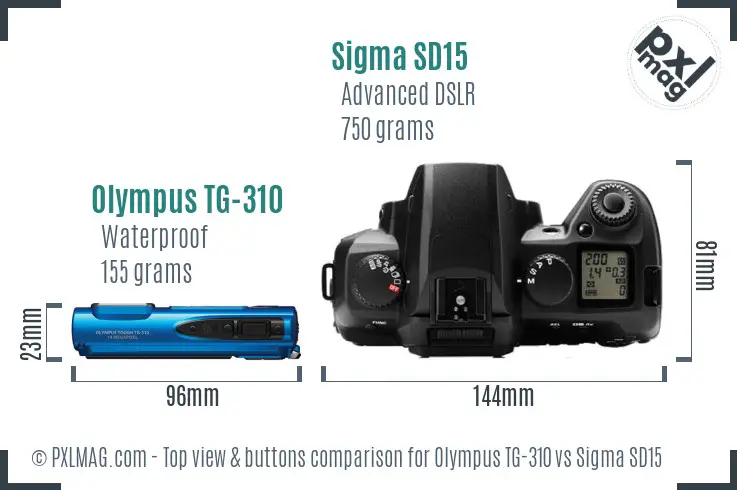 Olympus TG-310 vs Sigma SD15 top view buttons comparison Olympus TG-310 vs Sigma SD15 top view buttons comparison