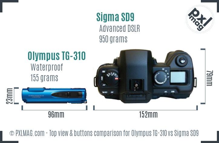 Olympus TG-310 vs Sigma SD9 top view buttons comparison