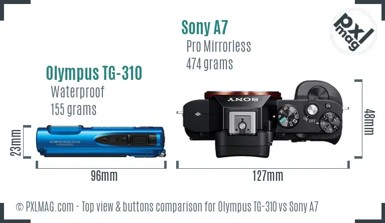 Olympus TG-310 vs Sony A7 top view buttons comparison Olympus TG-310 vs Sony A7 top view buttons comparison