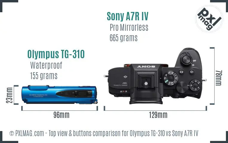 Olympus TG-310 vs Sony A7R IV top view buttons comparison