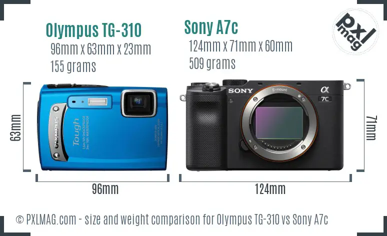 Olympus TG-310 vs Sony A7c size comparison
