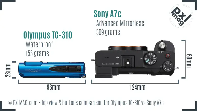 Olympus TG-310 vs Sony A7c top view buttons comparison