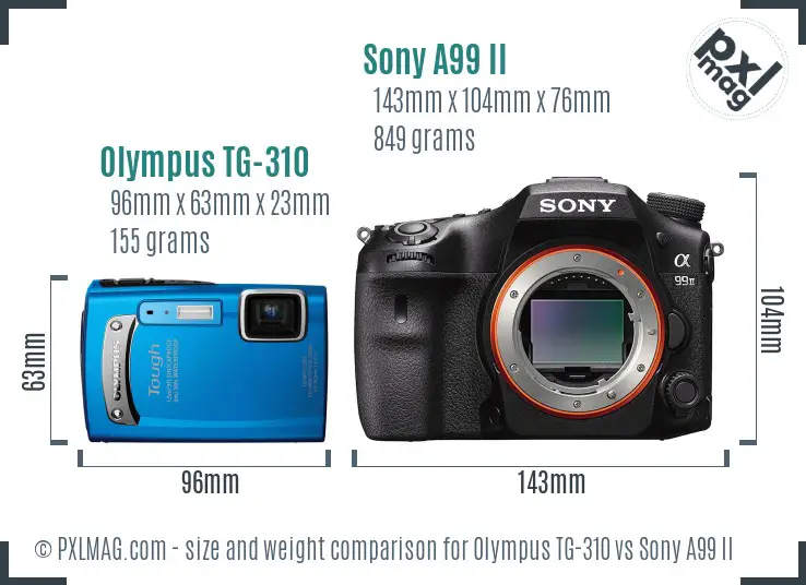 Olympus TG-310 vs Sony A99 II size comparison