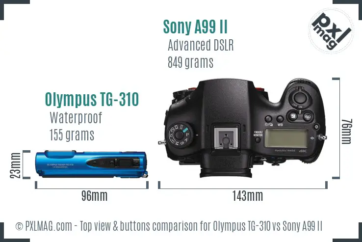 Olympus TG-310 vs Sony A99 II top view buttons comparison