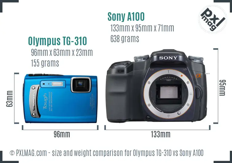 Olympus TG-310 vs Sony A100 size comparison