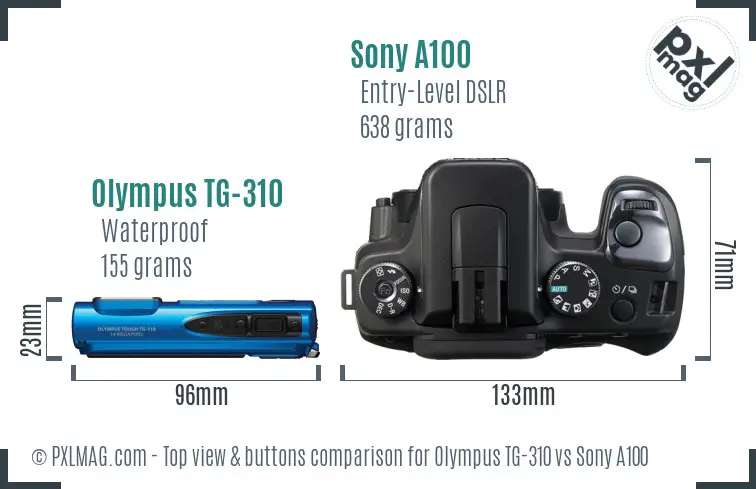 Olympus TG-310 vs Sony A100 top view buttons comparison
