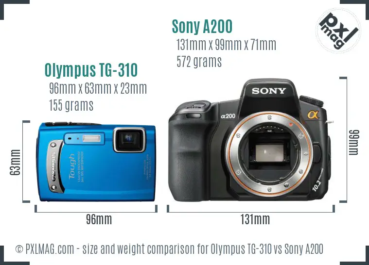 Olympus TG-310 vs Sony A200 size comparison