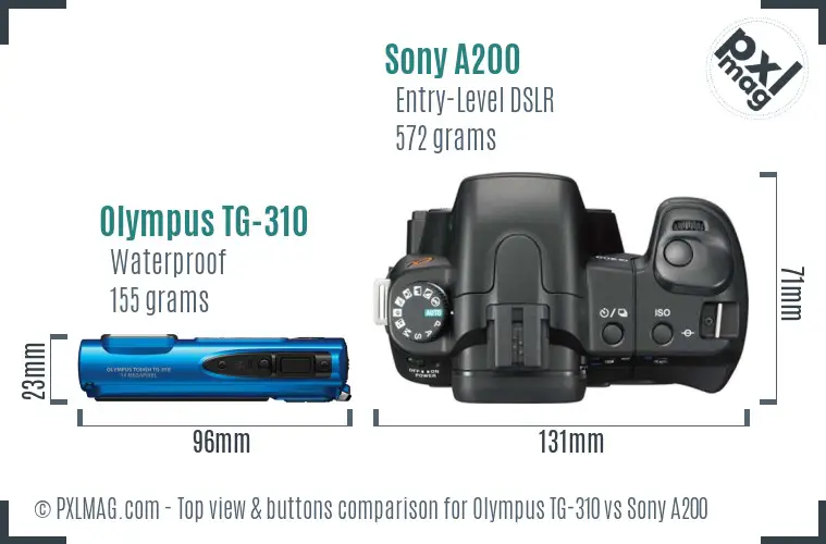 Olympus TG-310 vs Sony A200 top view buttons comparison