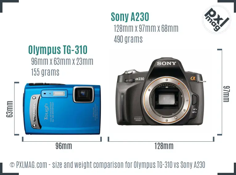 Olympus TG-310 vs Sony A230 size comparison