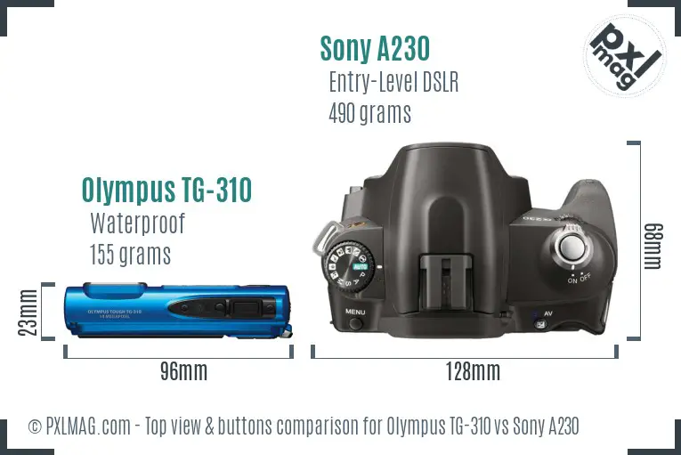 Olympus TG-310 vs Sony A230 top view buttons comparison