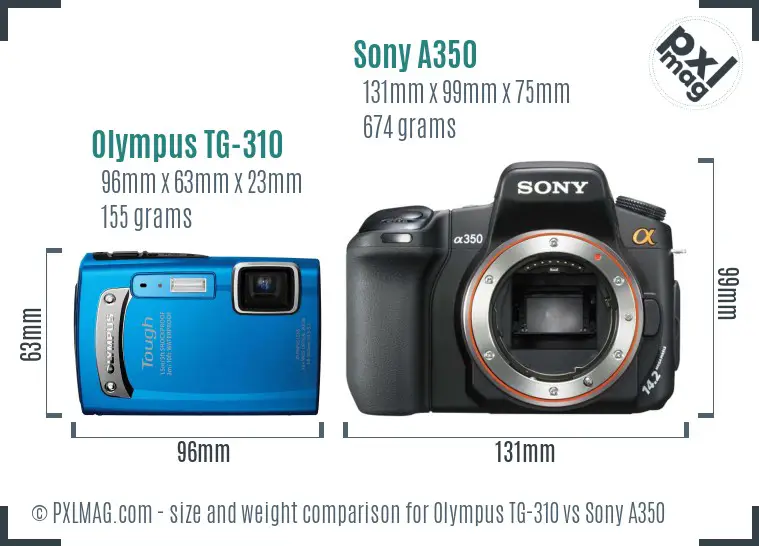 Olympus TG-310 vs Sony A350 size comparison