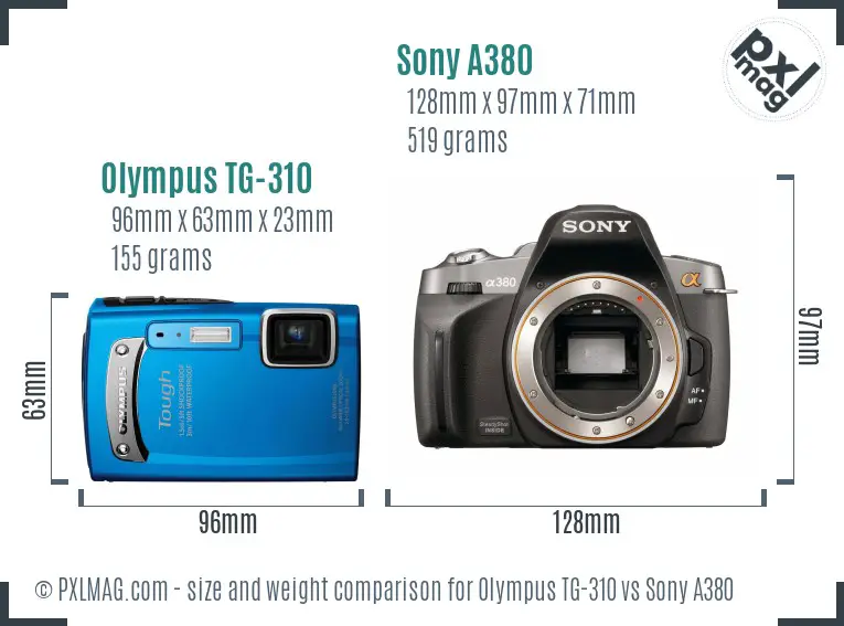 Olympus TG-310 vs Sony A380 size comparison