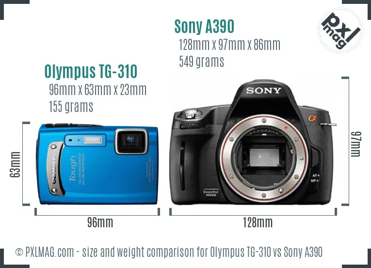 Olympus TG-310 vs Sony A390 size comparison