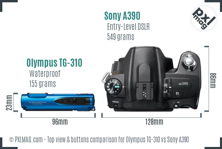 Olympus TG-310 vs Sony A390 top view buttons comparison