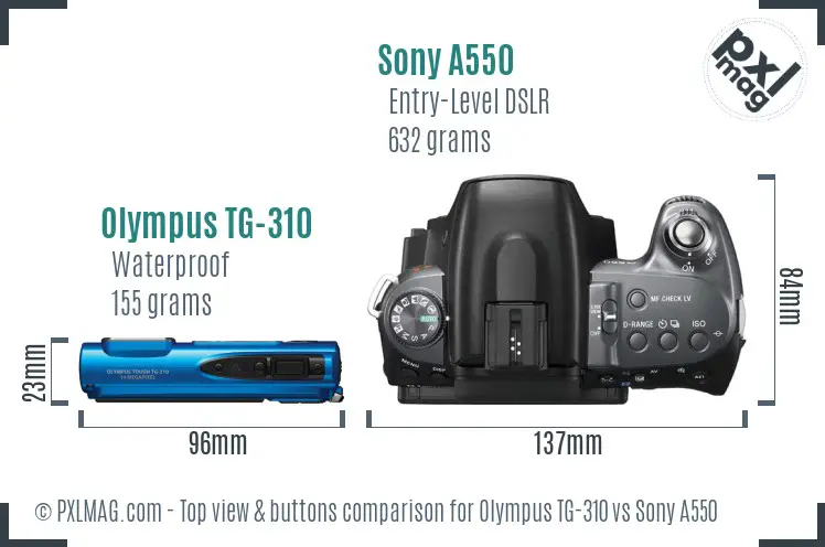 Olympus TG-310 vs Sony A550 top view buttons comparison