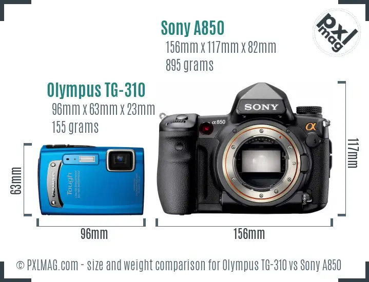 Olympus TG-310 vs Sony A850 size comparison