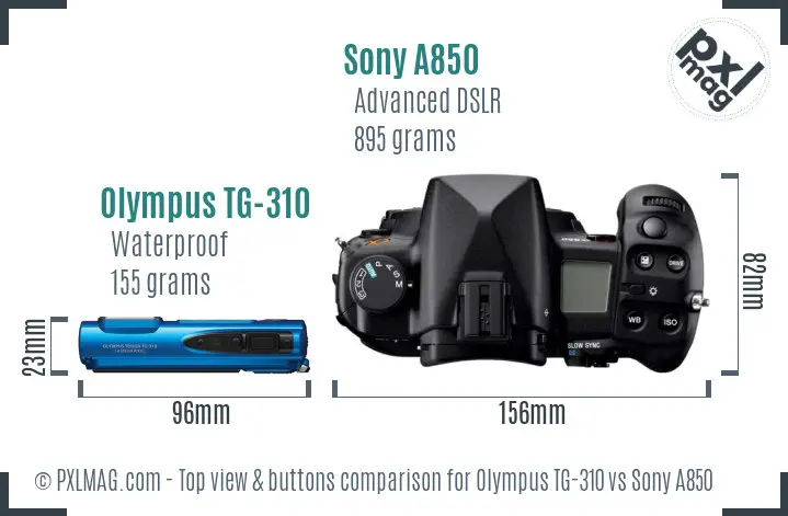 Olympus TG-310 vs Sony A850 top view buttons comparison