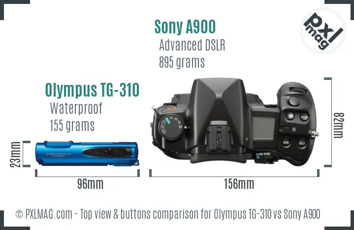 Olympus TG-310 vs Sony A900 top view buttons comparison
