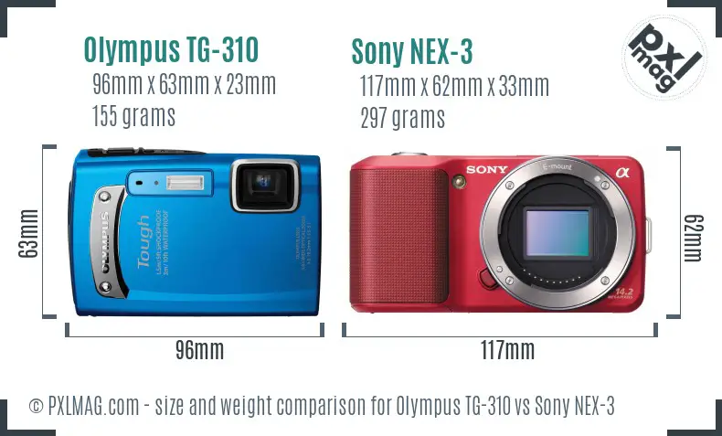 Olympus TG-310 vs Sony NEX-3 size comparison