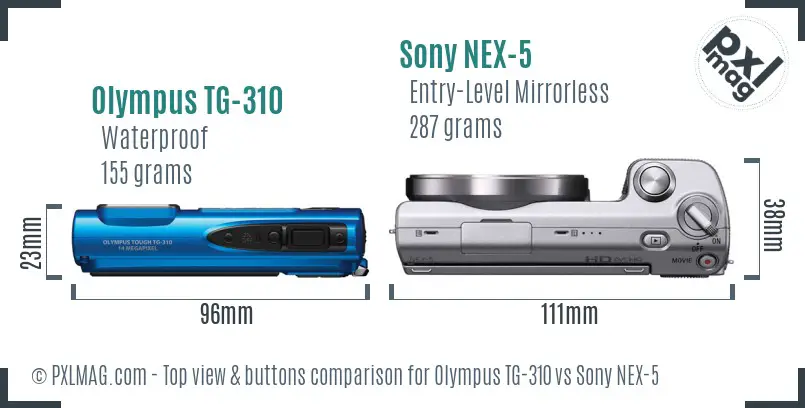 Olympus TG-310 vs Sony NEX-5 top view buttons comparison