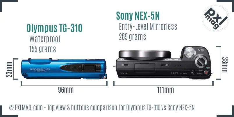 Olympus TG-310 vs Sony NEX-5N top view buttons comparison