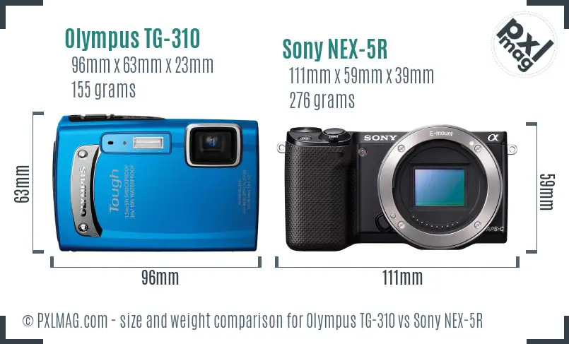 Olympus TG-310 vs Sony NEX-5R size comparison