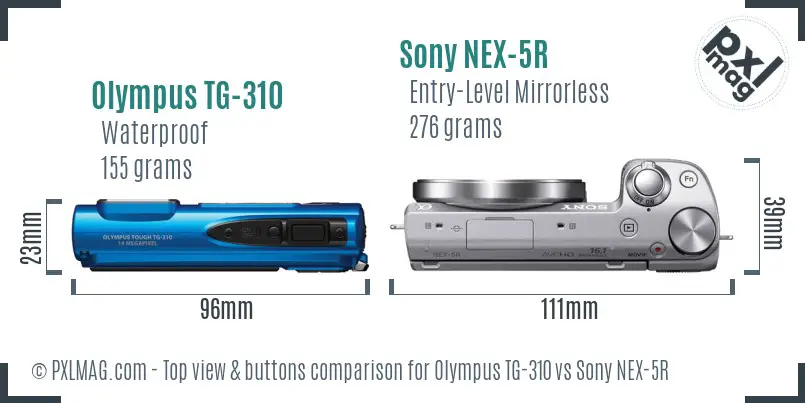 Olympus TG-310 vs Sony NEX-5R top view buttons comparison