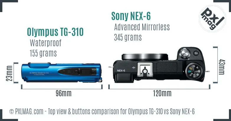 Olympus TG-310 vs Sony NEX-6 top view buttons comparison