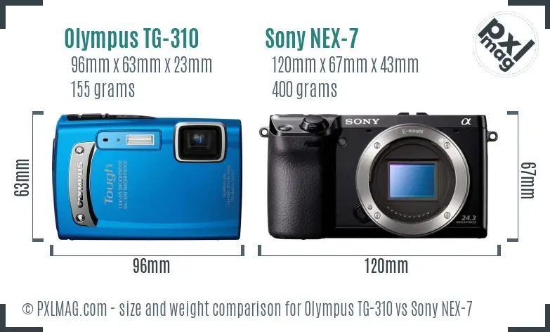 Olympus TG-310 vs Sony NEX-7 size comparison