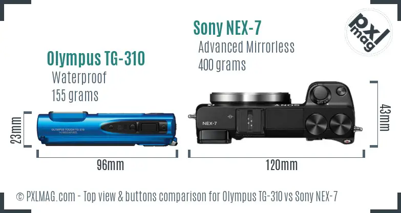 Olympus TG-310 vs Sony NEX-7 top view buttons comparison