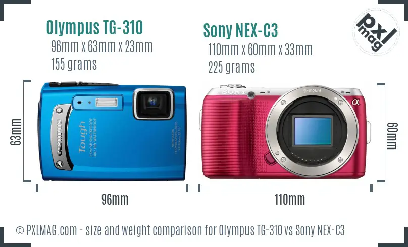 Olympus TG-310 vs Sony NEX-C3 size comparison