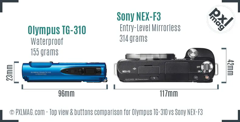 Olympus TG-310 vs Sony NEX-F3 top view buttons comparison