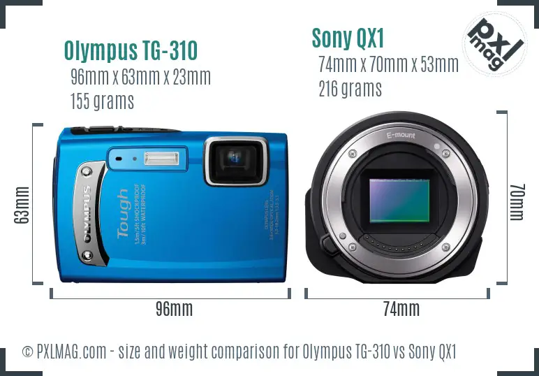 Olympus TG-310 vs Sony QX1 size comparison