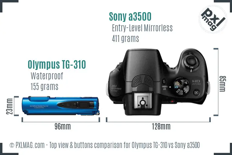 Olympus TG-310 vs Sony a3500 top view buttons comparison Olympus TG-310 vs Sony a3500 top view buttons comparison