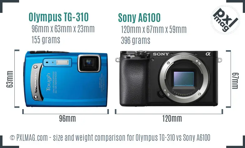 Olympus TG-310 vs Sony A6100 size comparison