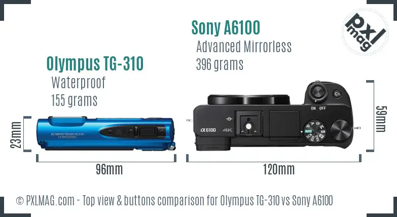 Olympus TG-310 vs Sony A6100 top view buttons comparison