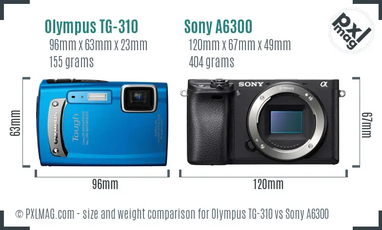 Olympus TG-310 vs Sony A6300 size comparison
