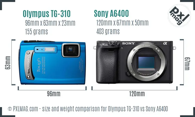 Olympus TG-310 vs Sony A6400 size comparison