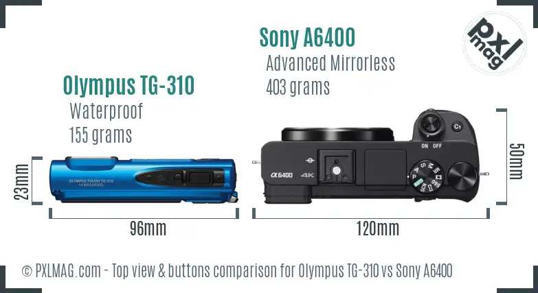 Olympus TG-310 vs Sony A6400 top view buttons comparison