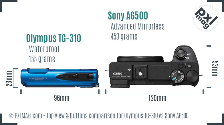 Olympus TG-310 vs Sony A6500 top view buttons comparison